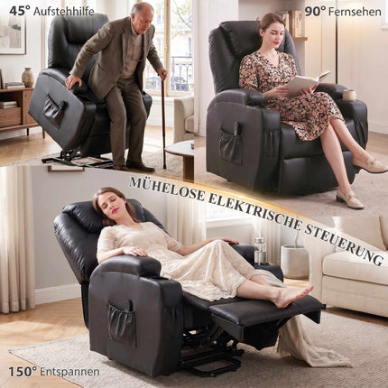 Fotoliu electric reclinabil cu ridicare, USB, piele ecologică neagră