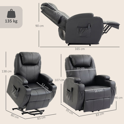 Fotoliu electric reclinabil cu ridicare, USB, piele ecologică neagră