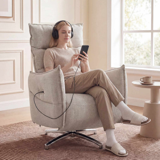 Fotoliu electric reclinabil cu porturi USB, material textil bej din in