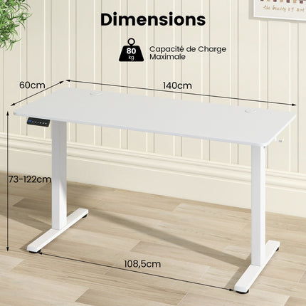 Birou electric de lucru în picioare 140 x 60 cm, reglabil pe înălțime, alb