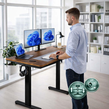 Birou electric de stat în picioare – Blat cu efect de lemn, memorie