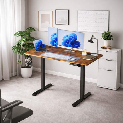 Birou electric de stat în picioare – Blat cu efect de lemn, memorie