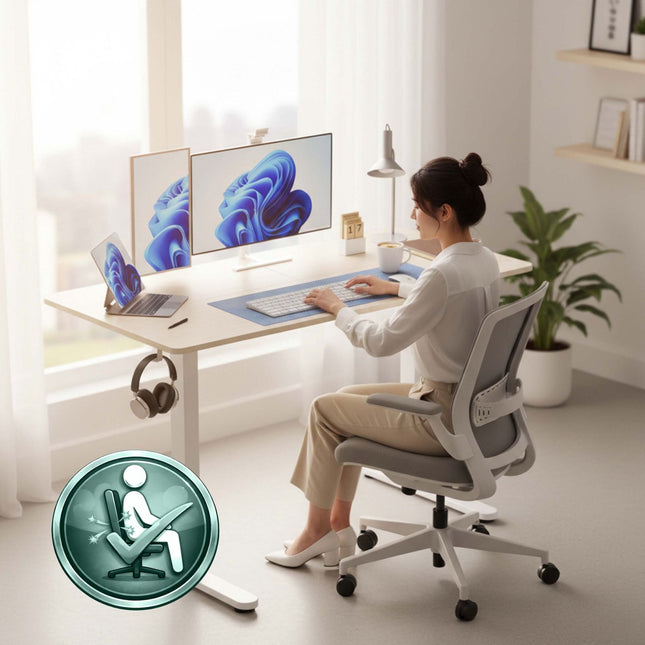 Birou electric în picioare – blat cu aspect de lemn, setări memorabile