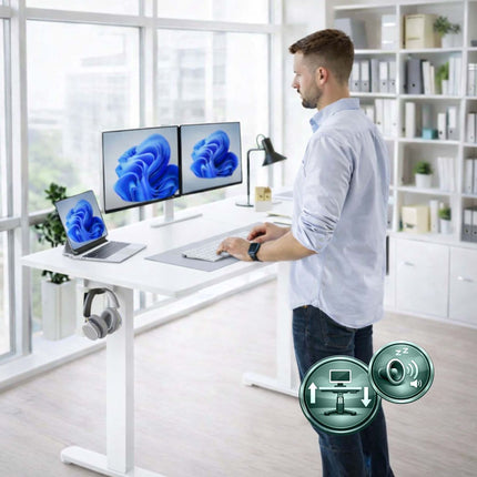 Birou electric de stat în picioare – Blat cu efect de lemn, presetări cu memorie