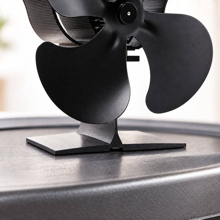 Electricity-Free Stove Fan with 4 Rotor Blades, Freestanding, Black Aluminium