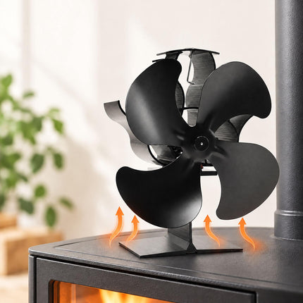 Electricity-Free Stove Fan with 4 Rotor Blades, Freestanding, Black Aluminium