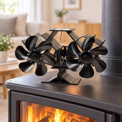 Electricity-Free Twin Motor Stove Fan with 12 Blades, Black Aluminium