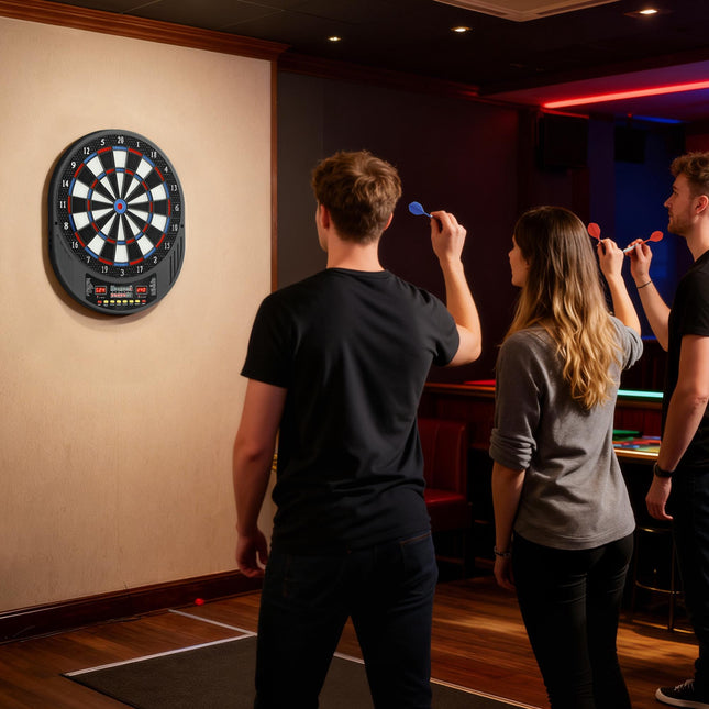 Tablă de darts electronică, 1-8 jucători, afișaj LCD, 6 seturi de darts