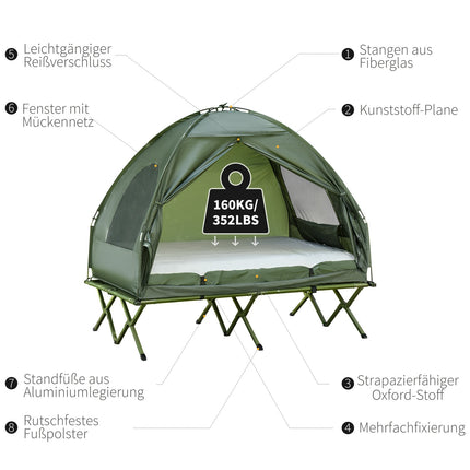 Elevated camping dome tent with air mattress, 193 x 136 x 178 cm