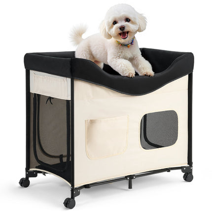 Elevated Dog Bed With Wheels, Foldable, Storage, L Beige