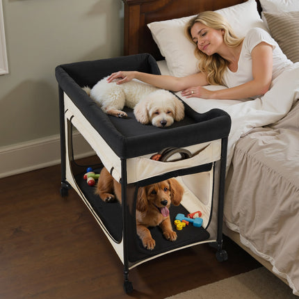 Elevated Dog Bed With Wheels, Foldable, Storage, L Beige