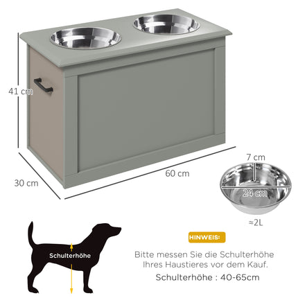 Hrănitoare pentru animale de companie, cu spațiu de depozitare, 2 boluri din oțel inoxidabil, gri