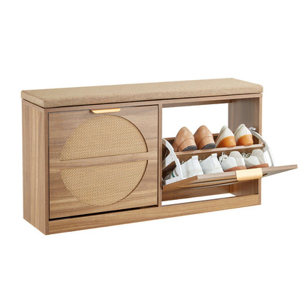 Entryway Shoe Bench With Cushion, Rattan Flip Drawers