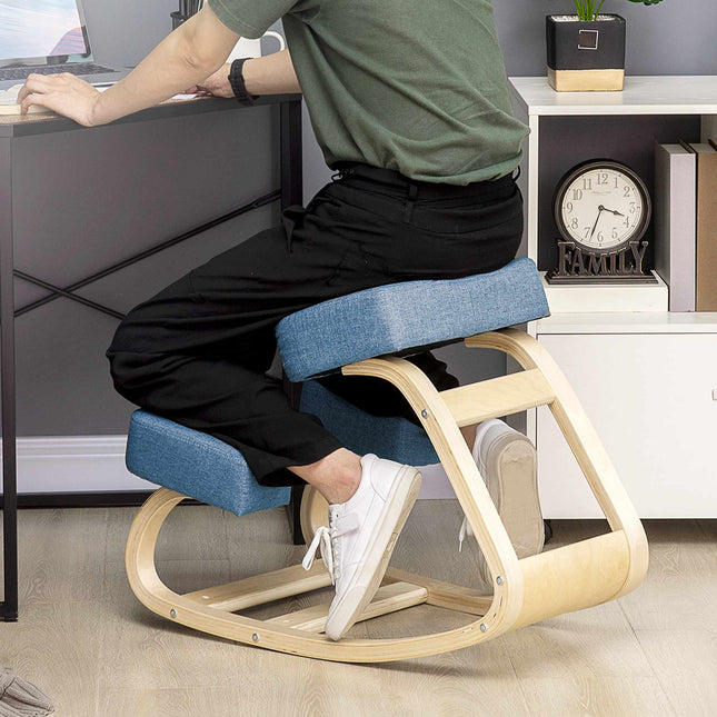 Scaun ergonomic pentru genunchi, lemn de mesteacăn, capacitate 120 kg, albastru