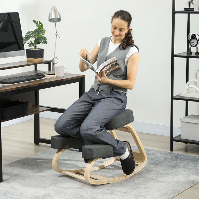 Scaun ergonomic pentru genunchi, lemn de mesteacăn, capacitate 120 kg, gri închis