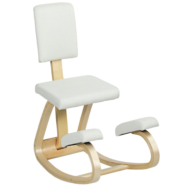 Scaun ergonomic pentru genunchi, cadru din lemn de mesteacăn, alb crem