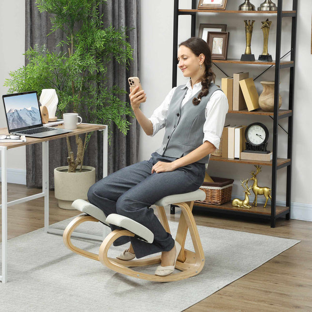 Scaun ergonomic pentru genunchi, cadru din lemn de mesteacăn, alb crem