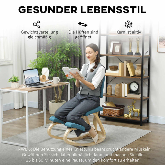 Scaun ergonomic pentru genunchi, albastru închis, cadru din lemn de mesteacăn