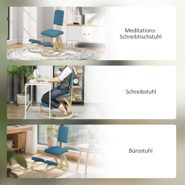 Scaun ergonomic pentru genunchi, albastru închis, cadru din lemn de mesteacăn