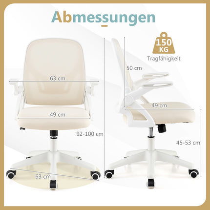 Scaun de birou ergonomic, bej, brațe pliabile, suport lombar