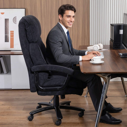 Scaun de birou ergonomic, aspect catifelat, spătar înalt, negru, capacitate 200 kg