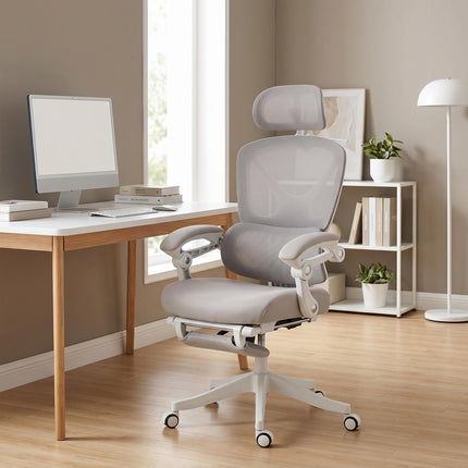 Ergonomic Office Chair with Footrest and Rocking Function, Light Grey, Mesh