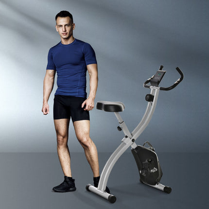 Antrenor de biciclete cu bicicletă de exerciții cu 8 nivele de rezistență magnetică reglabilă, bicicletă de fitness pliabilă, afișaj LCD reglabil pe înălțime, senzori de puls de mână