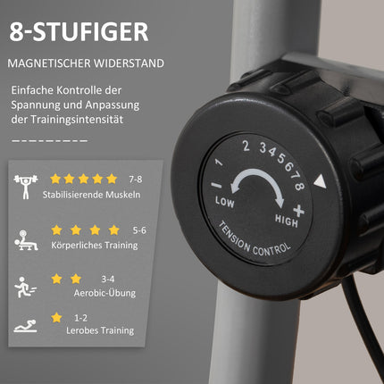 Antrenor de biciclete cu bicicletă de exerciții cu 8 nivele de rezistență magnetică reglabilă, bicicletă de fitness pliabilă, afișaj LCD reglabil pe înălțime, senzori de puls de mână