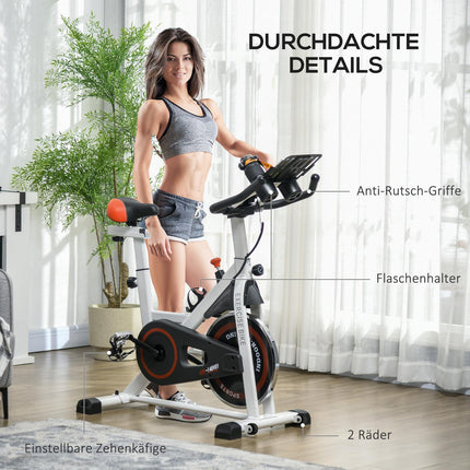 Bicicletă de fitness Bicicleta de fitness pentru interior cu afișaj LCD, scaun reglabil, roți și suport pentru pahare, oțel, alb