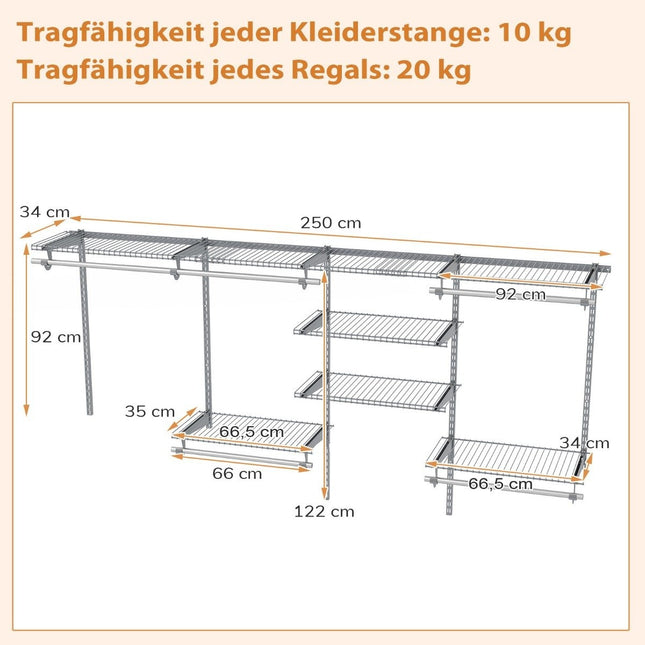 Sistem de organizare pentru dulap extensibil, 122-244 cm, gri