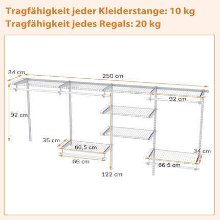 Sistem de organizare pentru dulap extensibil, 122-244 cm, alb