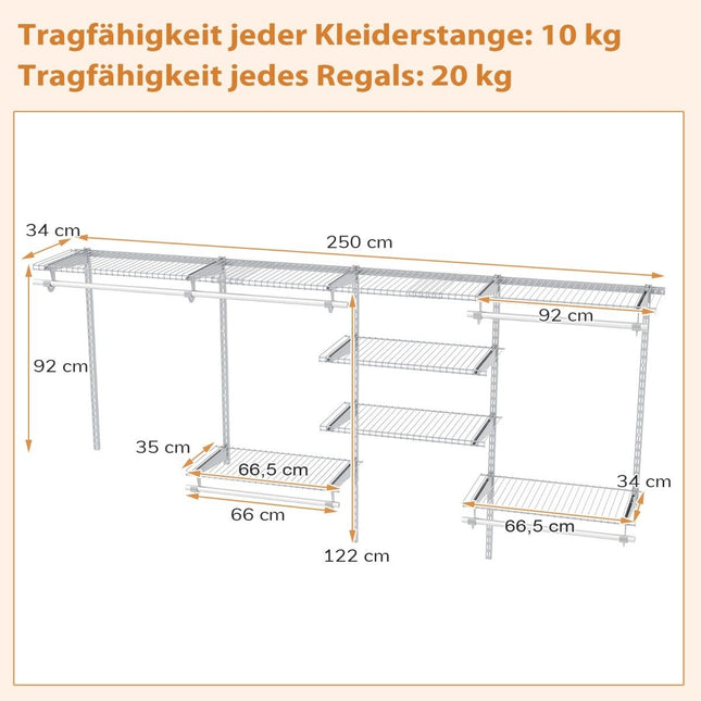 Sistem de organizare pentru dulap extensibil, 122-244 cm, alb
