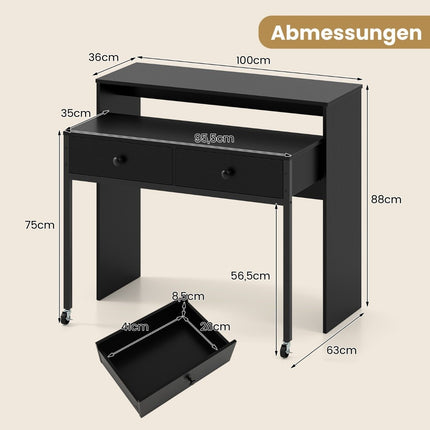 Birou de calculator extensibil cu 2 sertare și roți, negru