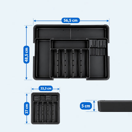 Extendable Cutlery Tray with Knife Insert, Width 33–56.5 cm, Black