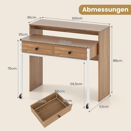 Birou extensibil cu 2 sertare și roți, 100x63x88 cm