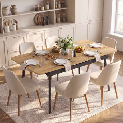 Extendable Dining Table 130–160 cm with Rounded Corners, Oak Look, Black