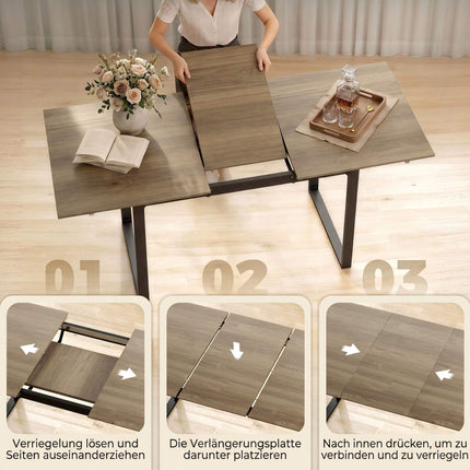 Extendable Dining Table 140-180 cm for 6-8 People, Brown, Black Steel Frame