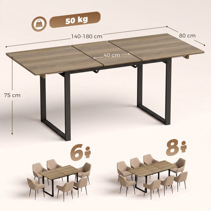 Extendable Dining Table 140-180 cm for 6-8 People, Brown, Black Steel Frame
