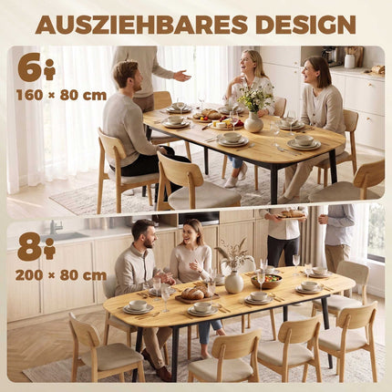 Extendable Dining Table 160–200 cm for 6–8 People, Oak Look, Black Legs