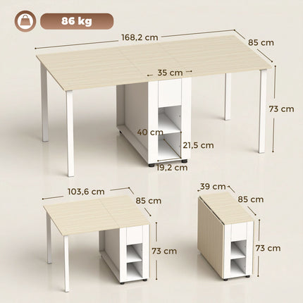 Masă extensibilă pentru 6 persoane, 168 cm, cu sertare și rafturi