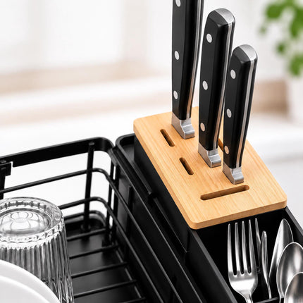 Extendable Dish Drainer 49 to 73 cm with Cutlery Basket, Black, Drip Tray