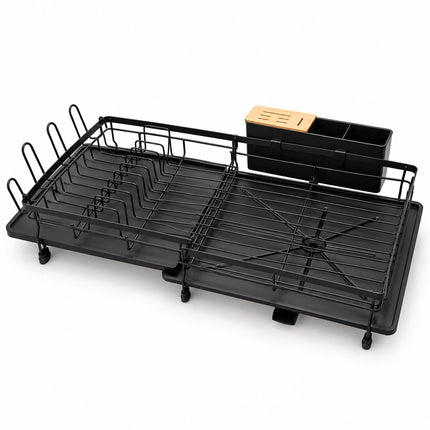 Extendable Dish Drainer 49 to 73 cm with Cutlery Basket, Black, Drip Tray