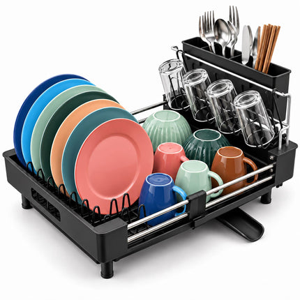 Extendable Dish Drainer with Glass Holder and Cutlery Basket, Black, 37 to 52 cm