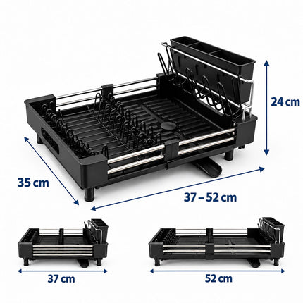 Extendable Dish Drainer with Glass Holder and Cutlery Basket, Black, 37 to 52 cm
