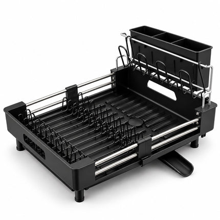 Extendable Dish Drainer with Glass Holder and Cutlery Basket, Black, 37 to 52 cm