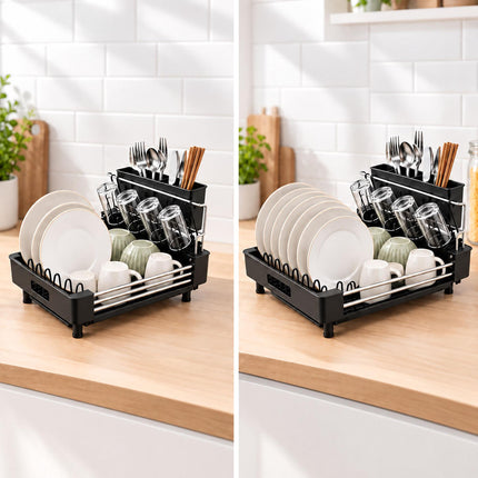 Extendable Dish Drainer with Glass Holder and Cutlery Basket, Black, 37 to 52 cm