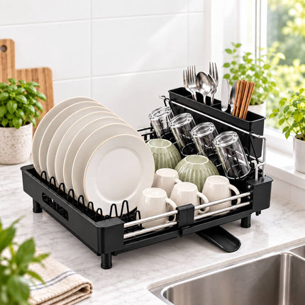 Extendable Dish Drainer with Glass Holder and Cutlery Basket, Black, 37 to 52 cm