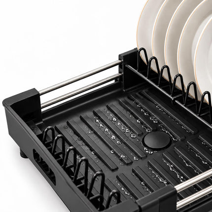 Extendable Dish Drainer with Glass Holder and Cutlery Basket, Black, 37 to 52 cm