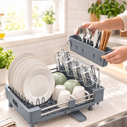 Extendable Dish Drainer with Glass Holder and Cutlery Basket, Grey, 37 to 52 cm