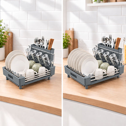 Extendable Dish Drainer with Glass Holder and Cutlery Basket, Grey, 37 to 52 cm